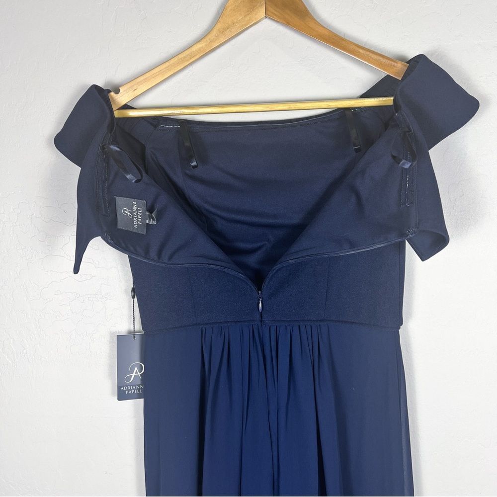 Adrianna Papell Off Shoulder Crepe Chiffon Long Formal Evening Gown Navy 2 NEW - Picture 11 of 15